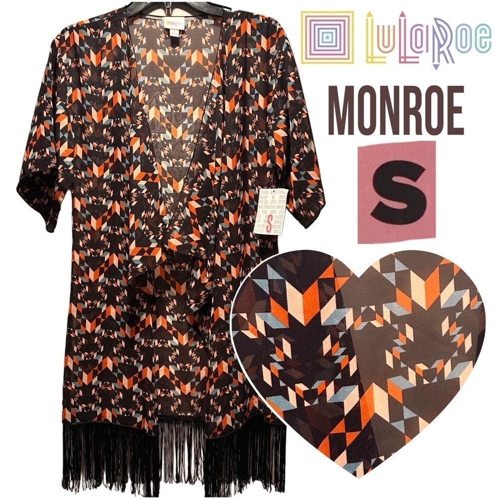 LulaRoe Monroe OpenFront Black Fringe Chiffon Sheer Coat Duster Bohemian Batwing - Picture 12 of 16